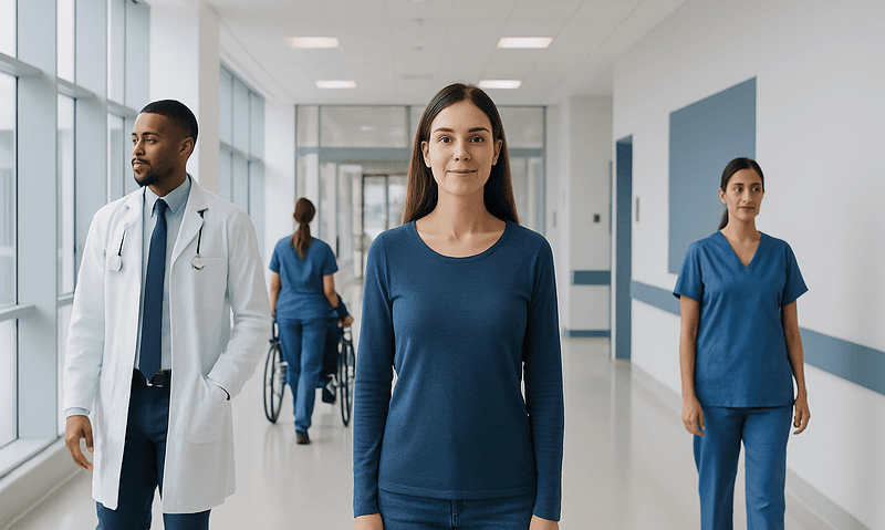 Diverse medical staff and patient in hospital corridor.