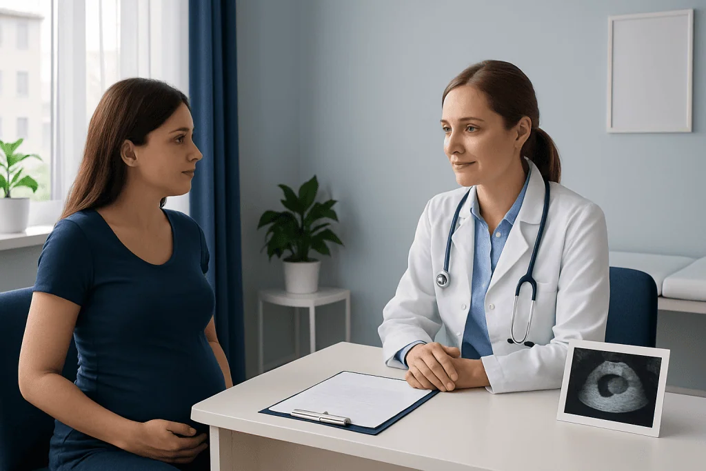 Doctor consulting pregnant woman in a medical office with ultrasound image on desk.