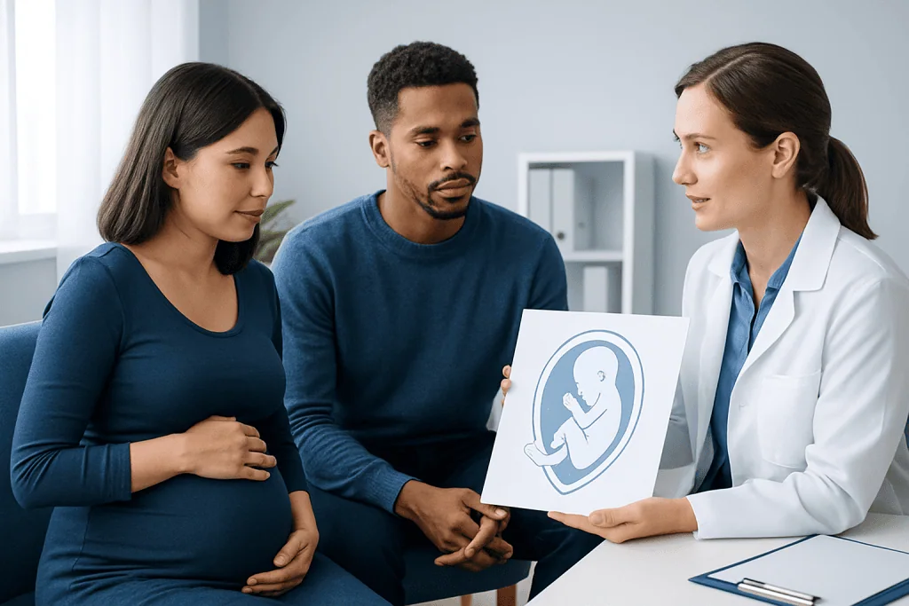 Pregnant woman consulting with doctor about ultrasound scan.