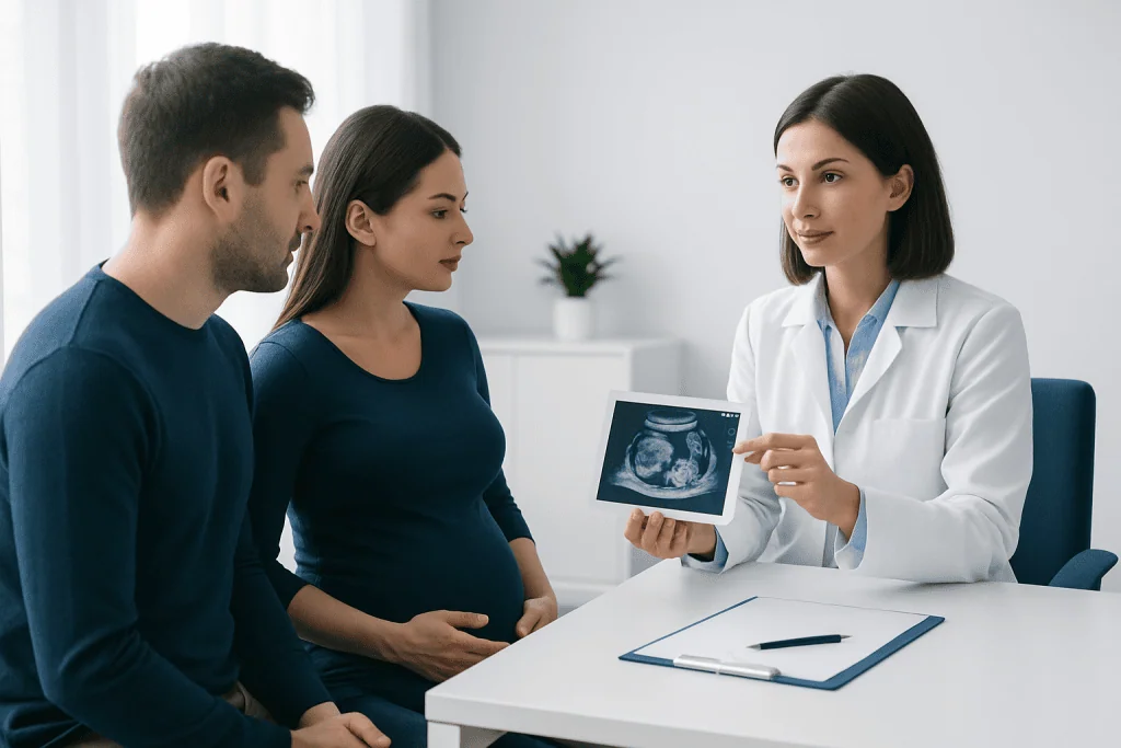 Pregnant woman consulting with doctor and partner during ultrasound appointment.