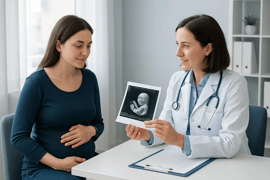 Pregnant woman consulting with doctor holding ultrasound image.