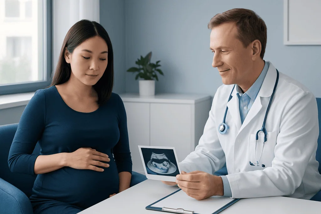 Pregnant woman consulting with doctor holding ultrasound image.