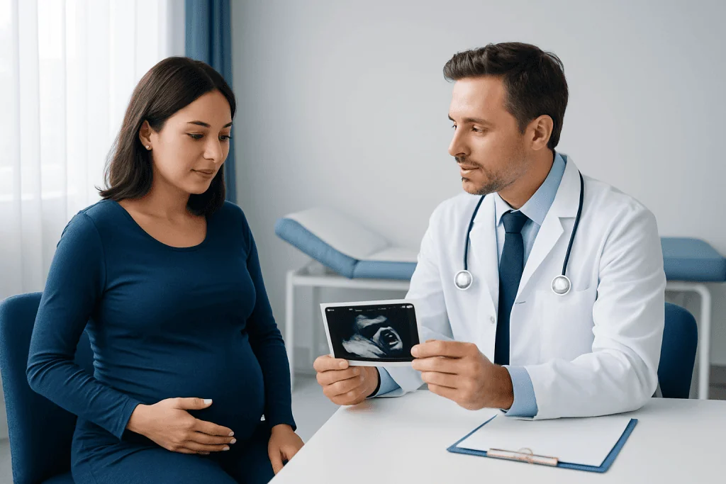 Pregnant woman consulting with doctor during ultrasound appointment.