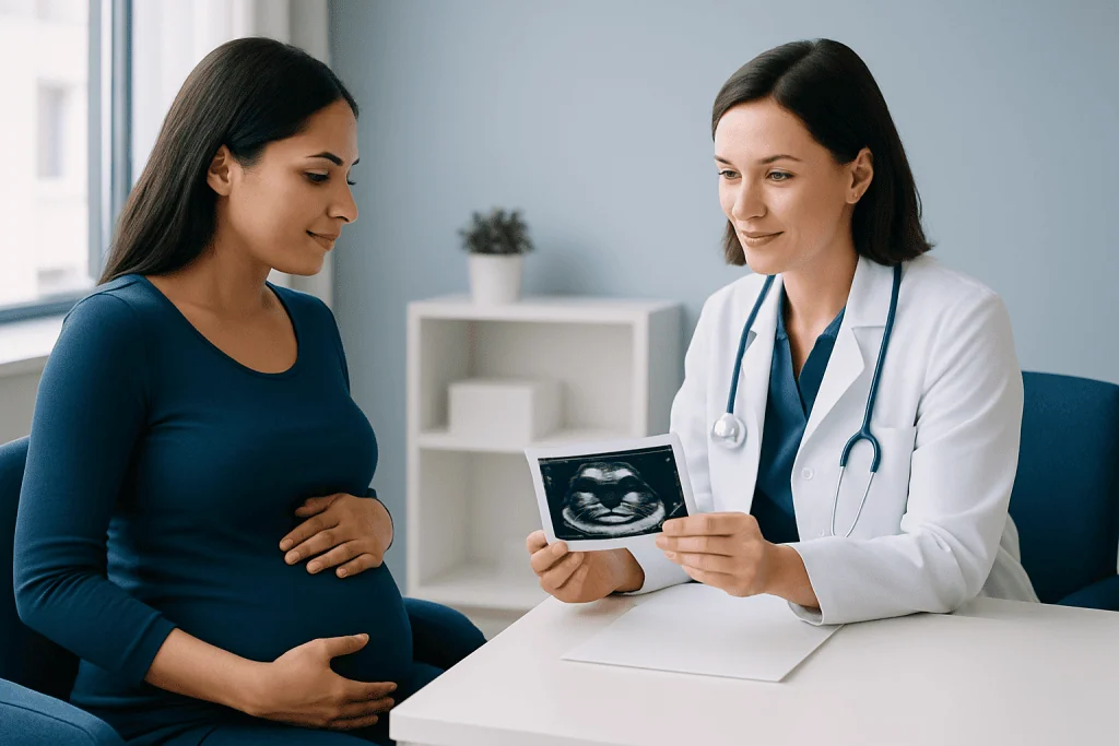 Pregnant woman consulting with doctor about ultrasound scan.