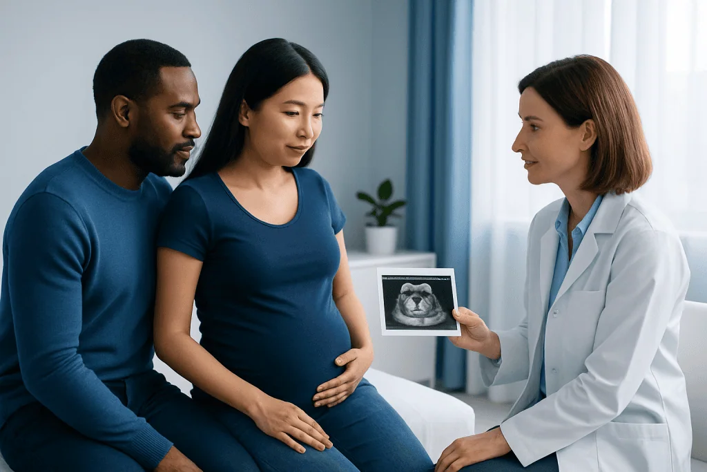 Pregnant woman with partner during ultrasound consultation at Acibadem Hospital.