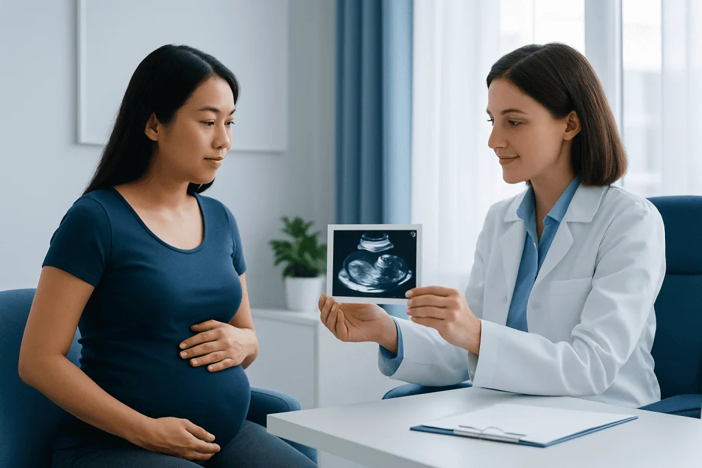 Pregnant woman at ultrasound appointment with doctor in clinic.
