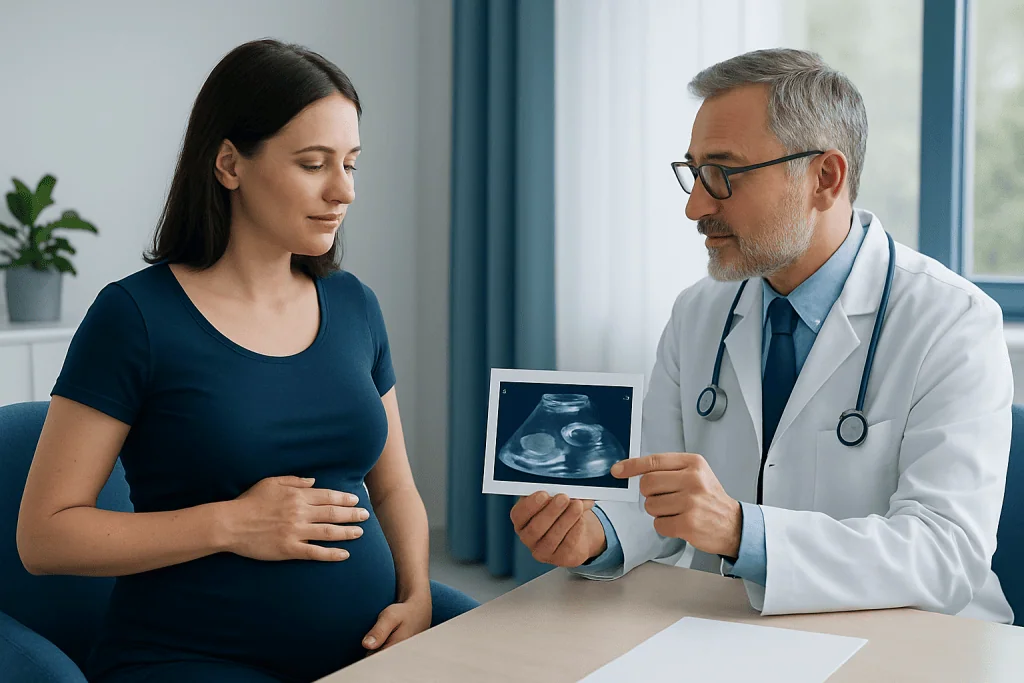 Pregnant woman consulting with doctor holding ultrasound image at hospital.