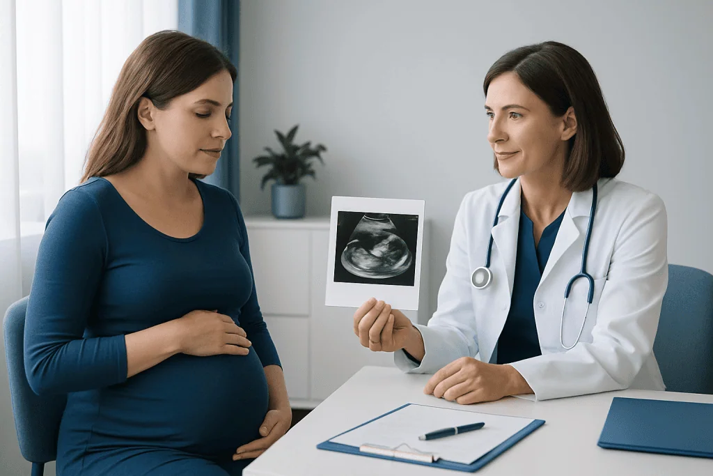 Pregnant woman at ultrasound appointment with doctor in clinic.
