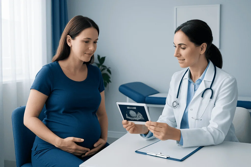 Pregnant woman consulting with a doctor about ultrasound results.