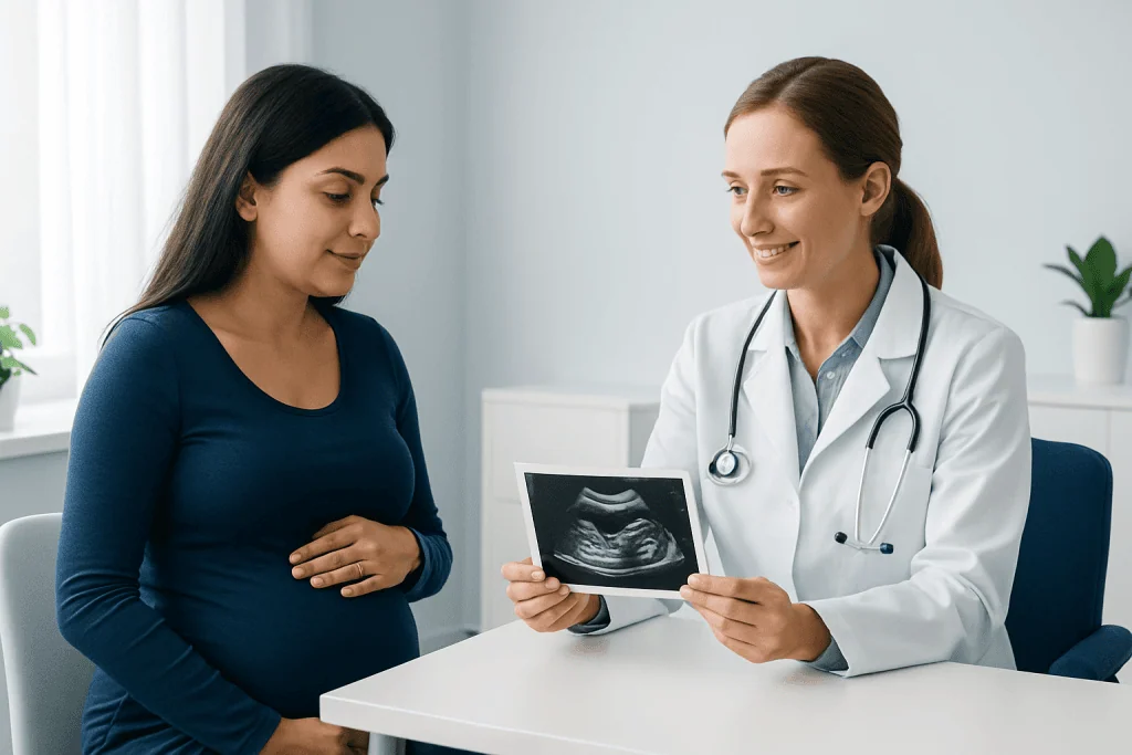 Pregnant woman consulting with doctor during ultrasound examination.