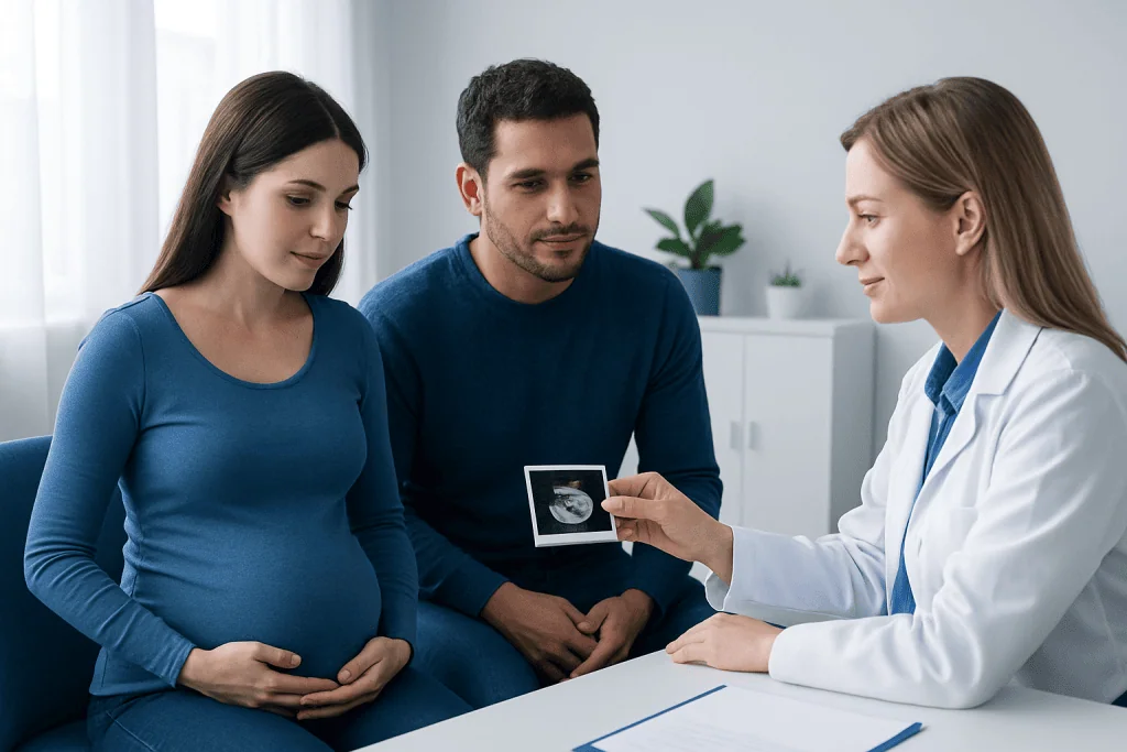 Pregnant woman consulting with doctor and partner during ultrasound appointment.