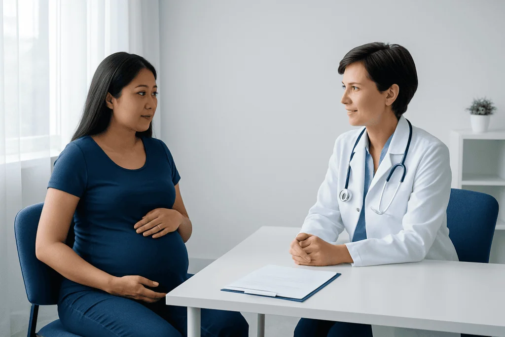 Pregnant woman consulting with a doctor in a medical office.