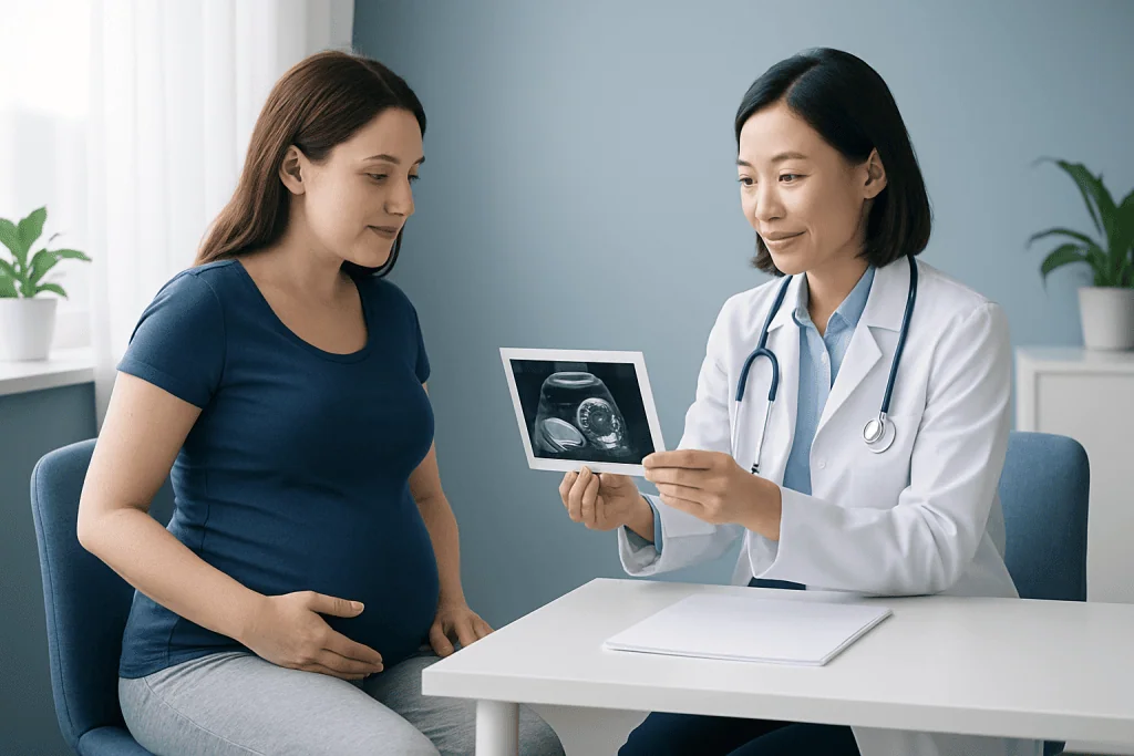 Pregnant woman consulting with doctor and ultrasound image.