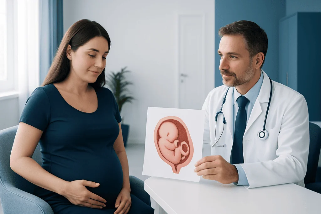Pregnant woman consulting with doctor about fetal development.