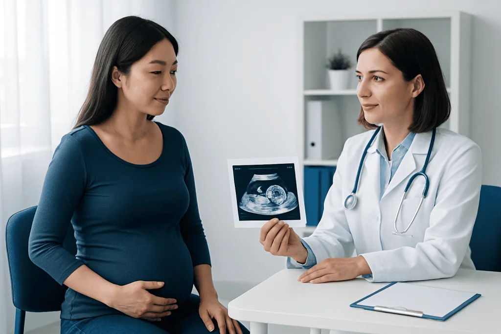 Pregnant woman consulting with doctor holding ultrasound image.
