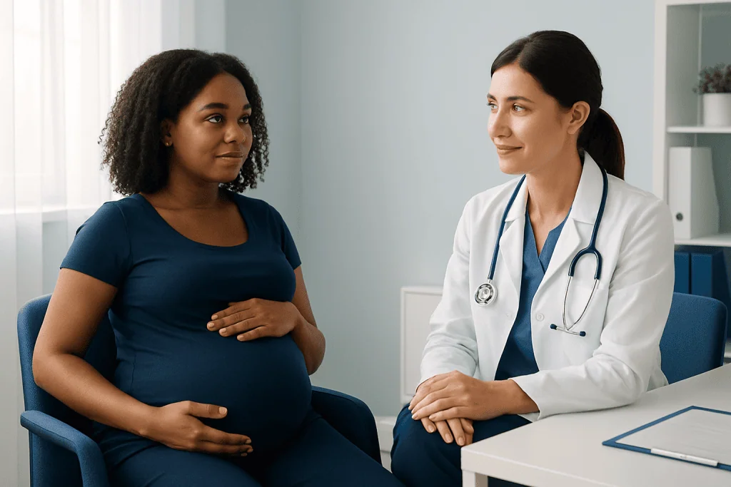 Pregnant woman consulting with a doctor in a medical office.