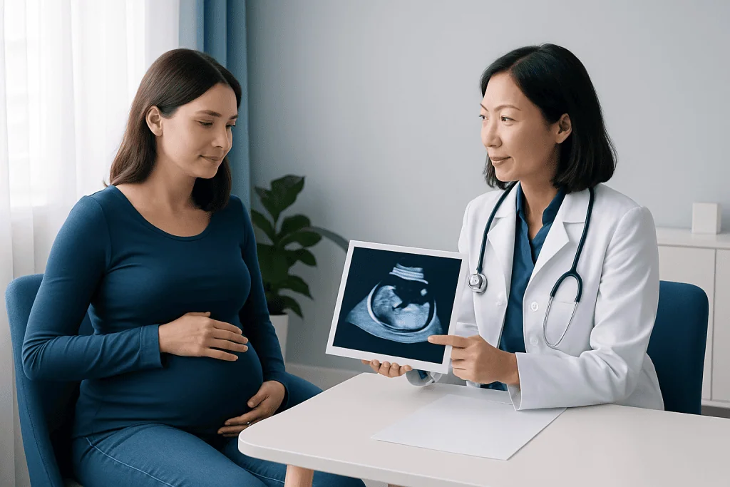 Pregnant woman at doctor consultation with ultrasound image.