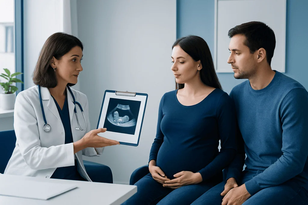 Pregnant woman consulting with doctor and partner during ultrasound appointment.