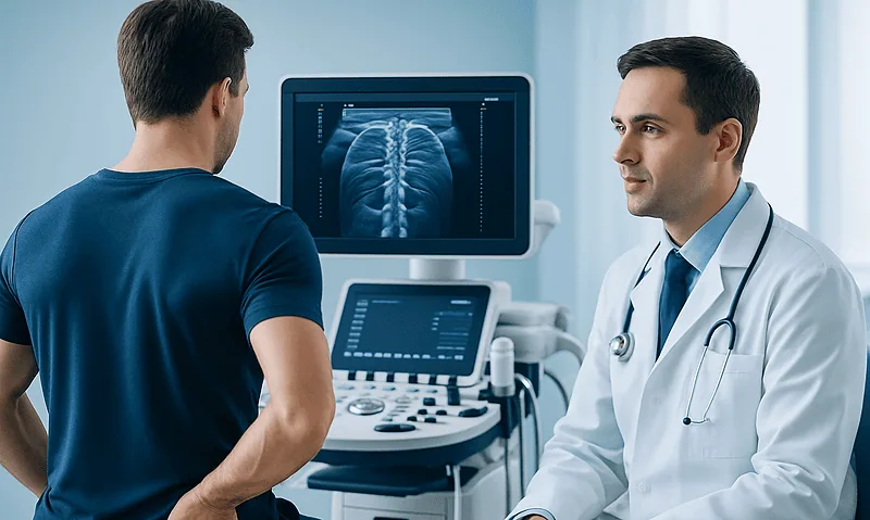 Doctor explaining back X-ray to patient in a medical consultation room.