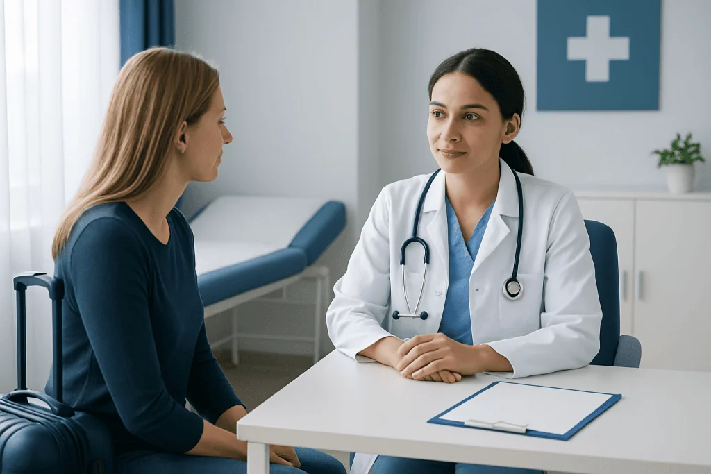 Doctor consulting a patient in a medical clinic setting in Turkey.