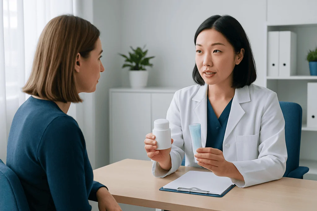 Doctor explaining medication to a patient in a clinical setting.