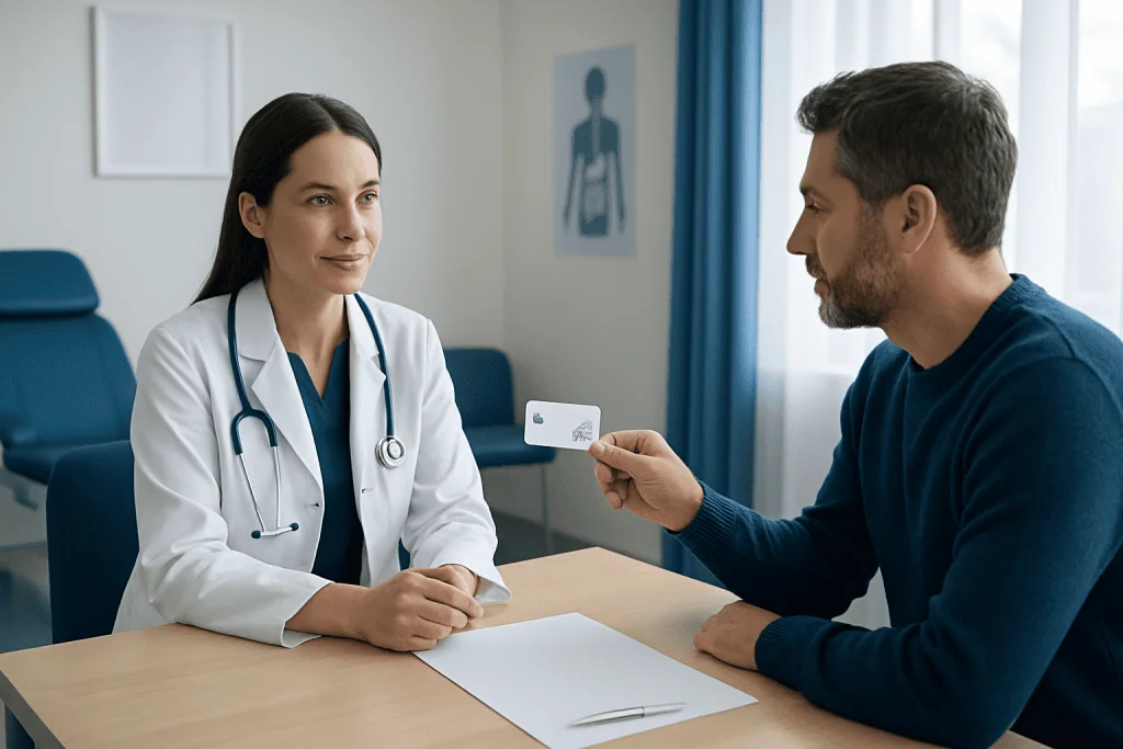 Doctor discussing payment options with patient in a hospital consultation room.
