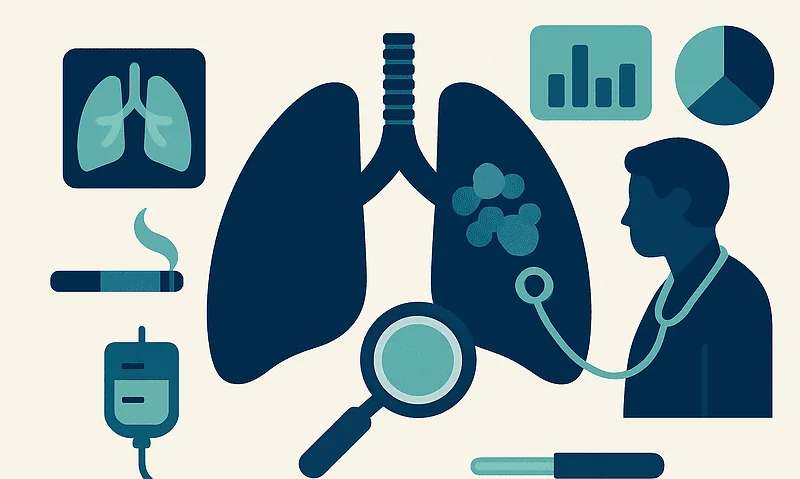 Medical illustration of lungs, stethoscope, and healthcare data graphics.