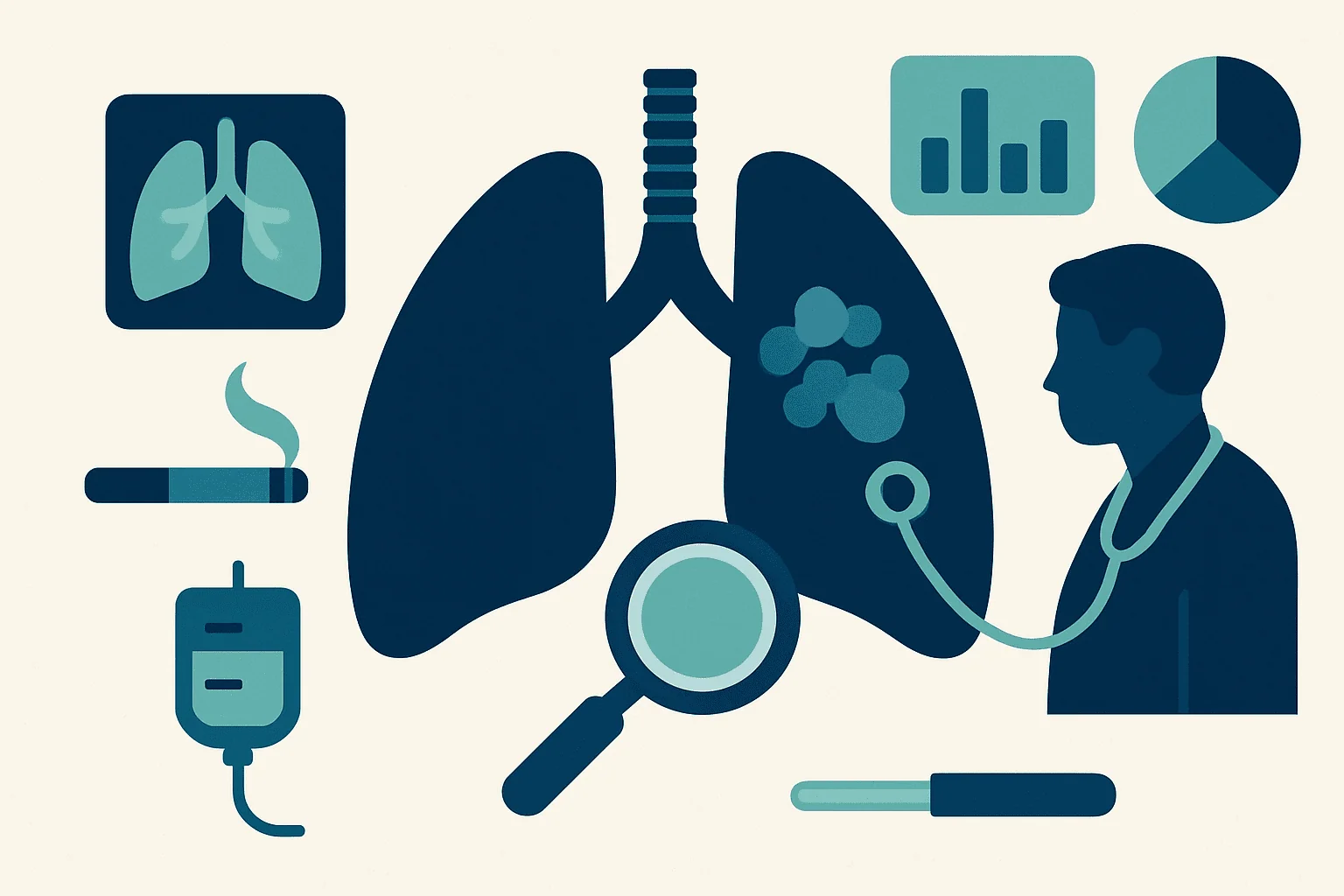 Medical illustration of lungs, stethoscope, and healthcare data graphics.