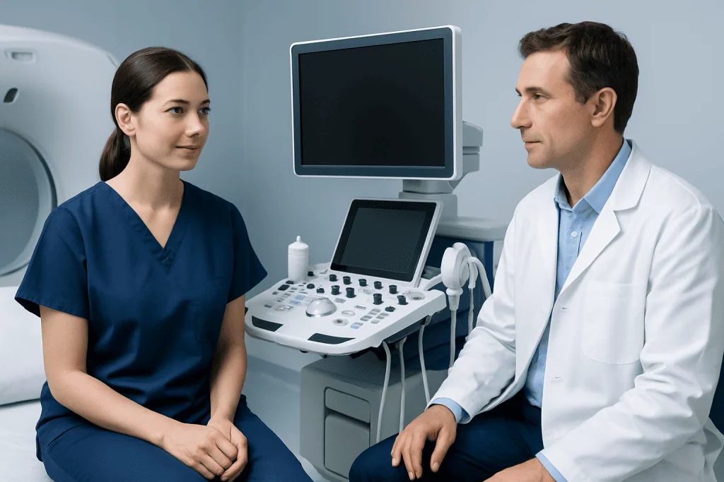 Medical consultation with a female patient and male doctor in a hospital room.