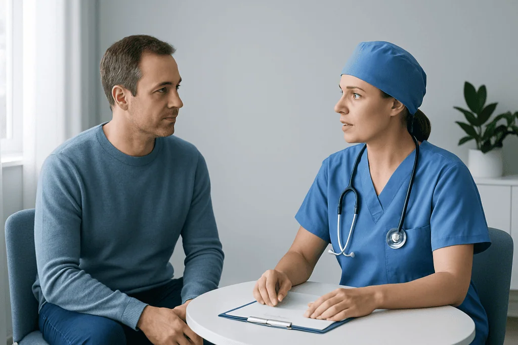 Patient consulting with nurse anesthetist in a medical office setting.