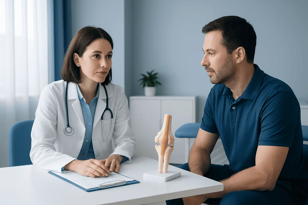 Doctor explaining knee anatomy to patient in consultation room.