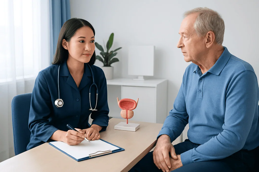 Urologist consulting with a patient about prostate health in a clinic setting.