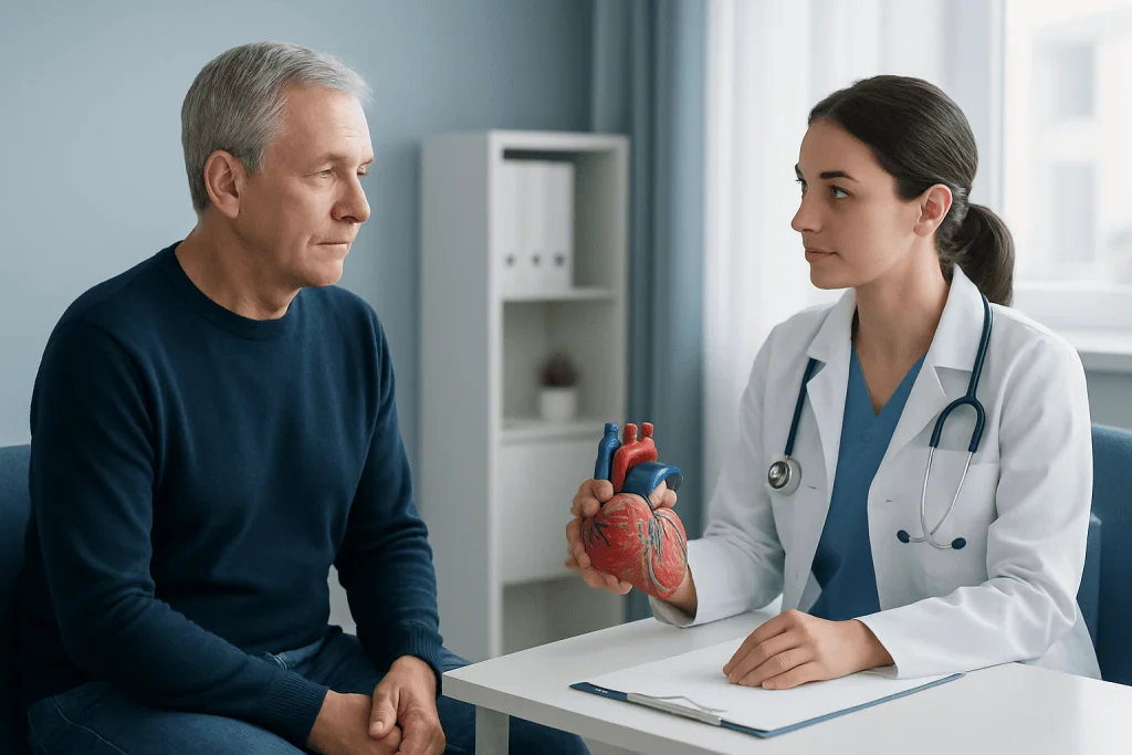 Doctor explaining heart health to senior patient in consultation room.