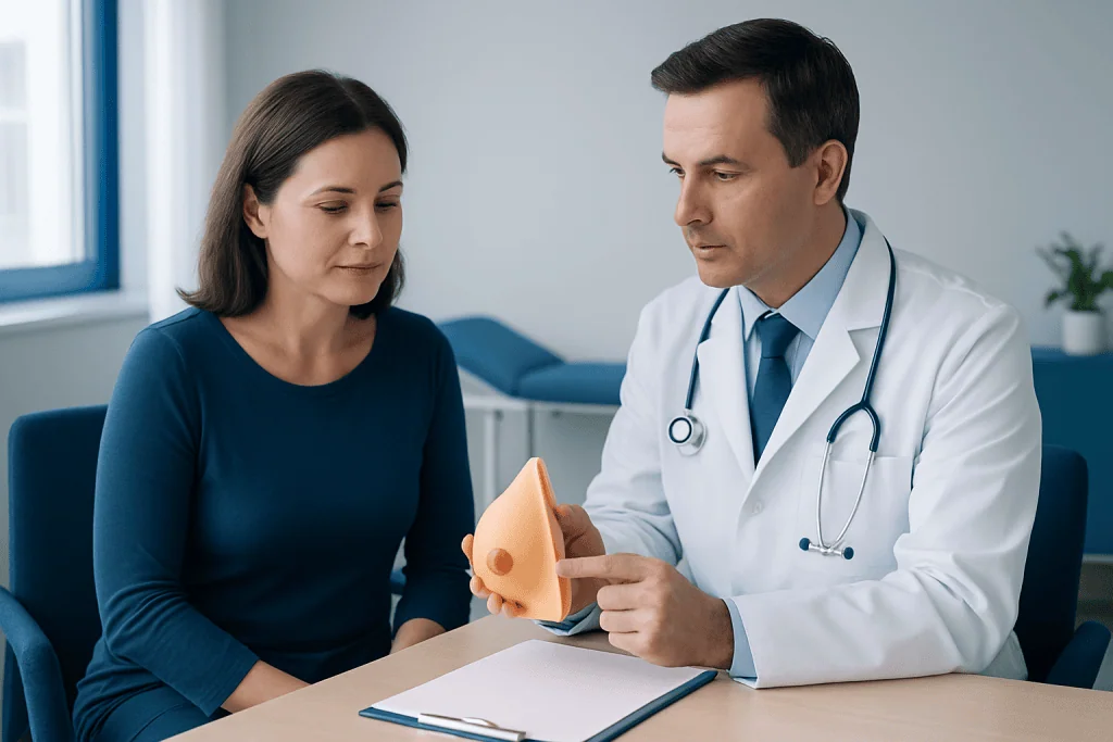 Doctor explaining breast surgery options to a patient in a consultation room.