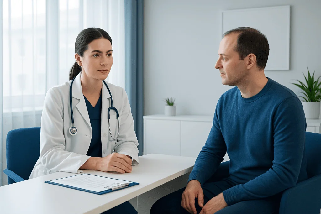 Doctor consulting patient in a modern medical office setting.