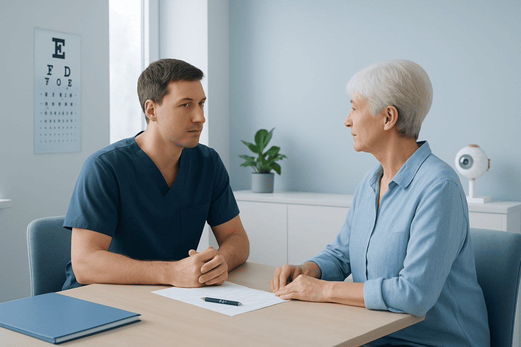 Doctor consulting with elderly patient in a medical office.