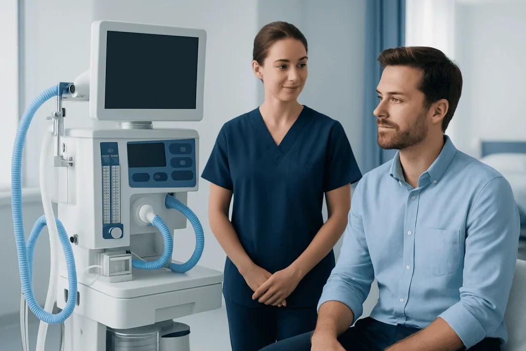 Patient and nurse in a hospital room with medical equipment.