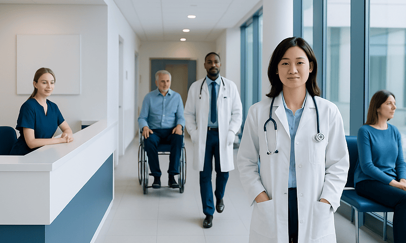 Diverse medical team in hospital corridor with doctor in front.
