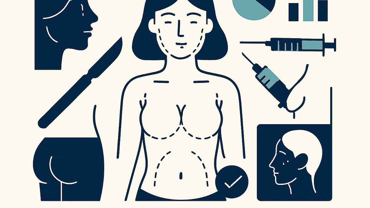Medical illustration of plastic surgery procedures and consultation.