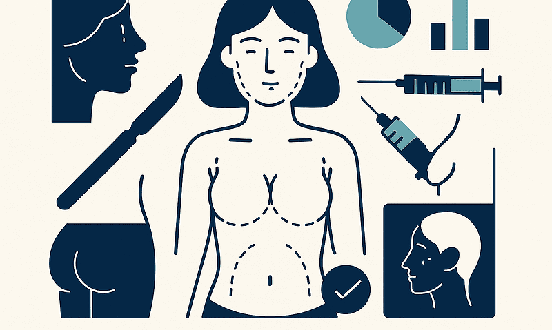 Medical illustration of plastic surgery procedures and consultation.
