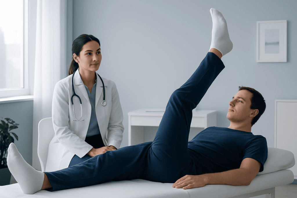 Patient performing straight leg raise exercise with medical professional observing.