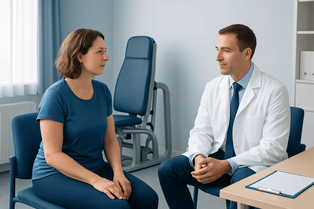 Doctor consulting with female patient in a medical office.