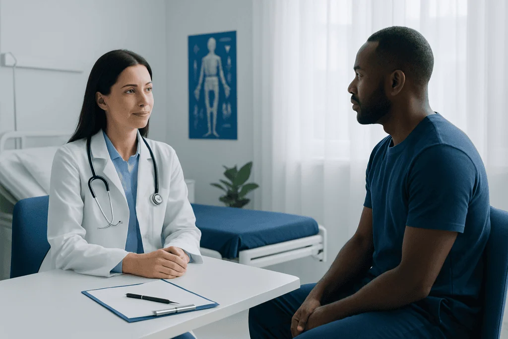 Doctor consulting with a patient in a medical office setting.