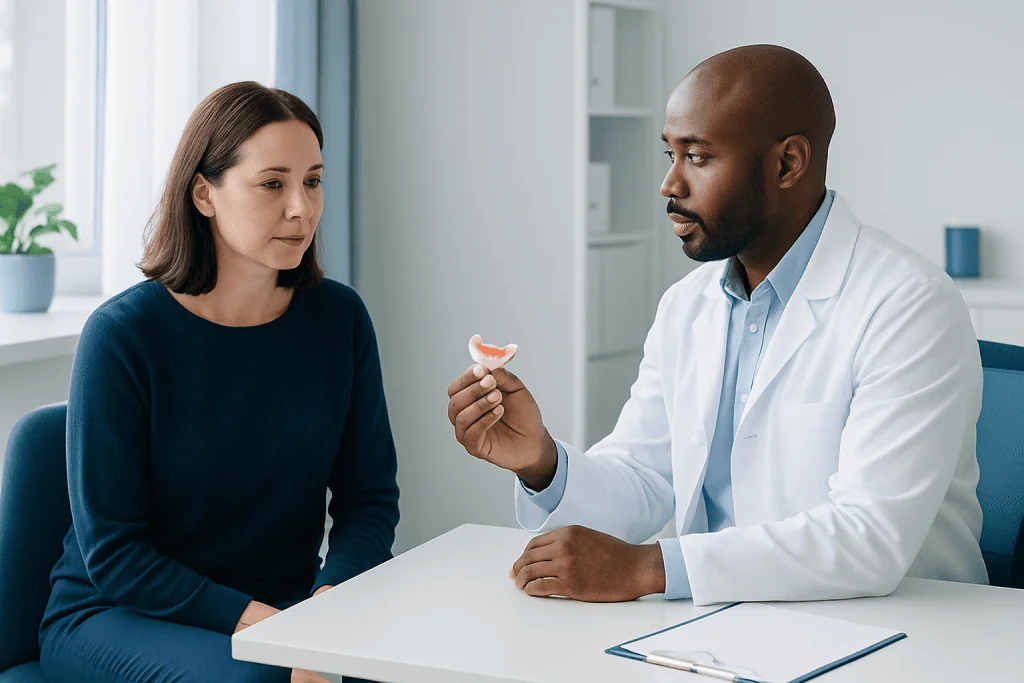 Dentist explaining dental prosthesis to a patient in a clinic setting.