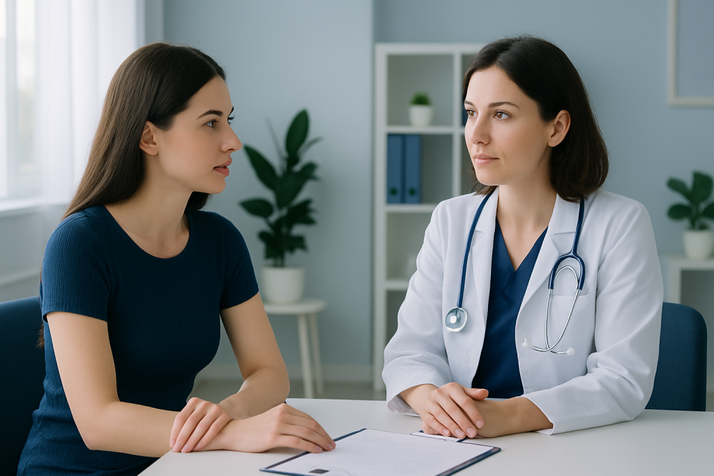 Doctor consulting with a patient in a modern medical office.