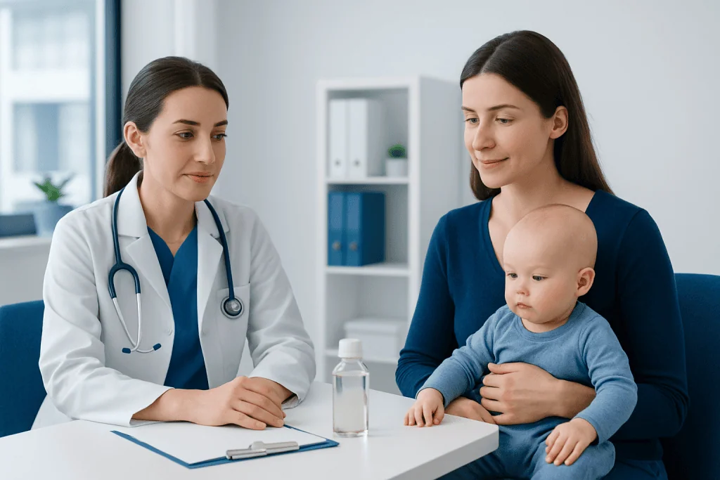 Pediatric consultation with a doctor and mother with baby in a clinic setting.