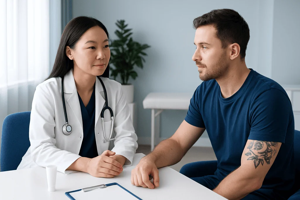 Doctor consulting with a male patient in a medical office.