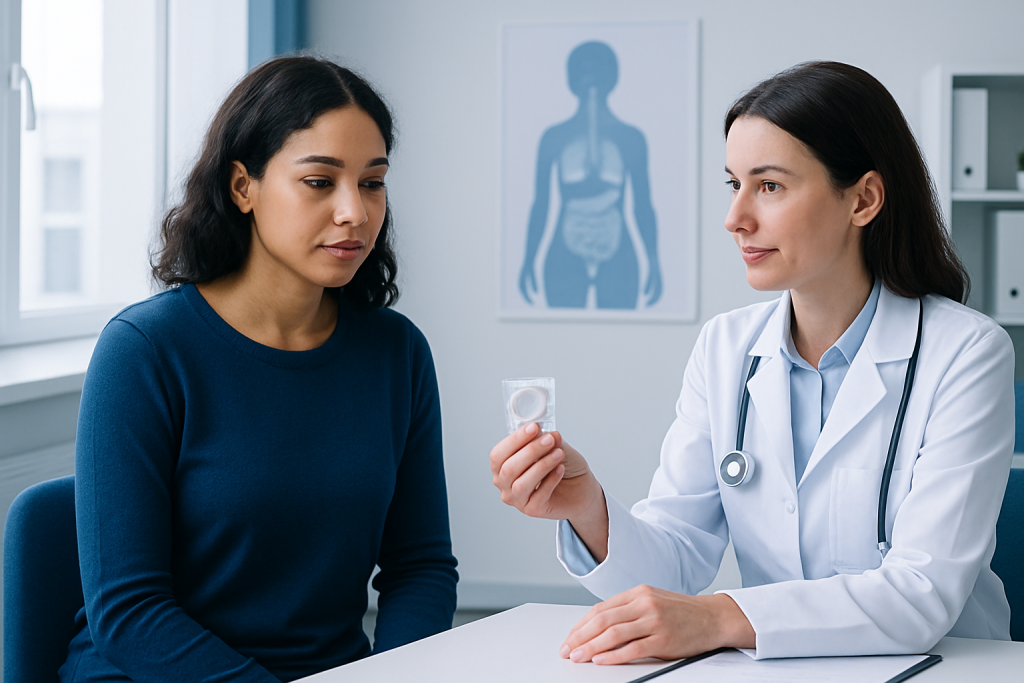 Doctor explaining condom use to a patient in a medical consultation.