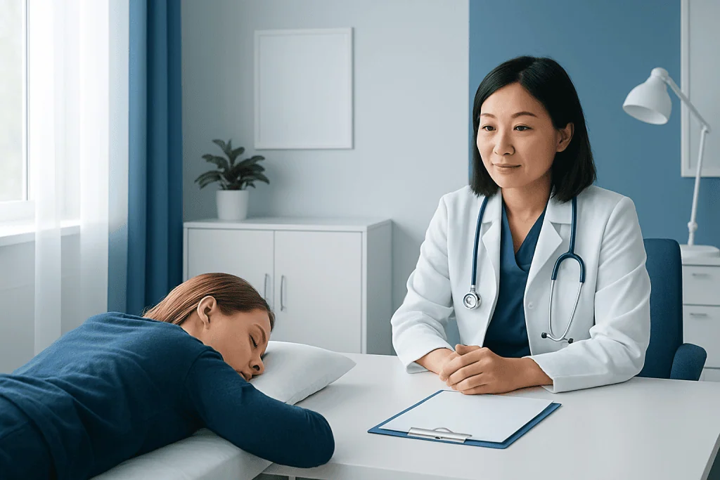 Doctor consulting with patient lying on hospital bed in a medical office.