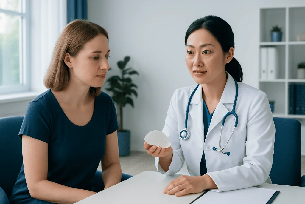 Doctor explaining gummy bear implants to patient in consultation room.